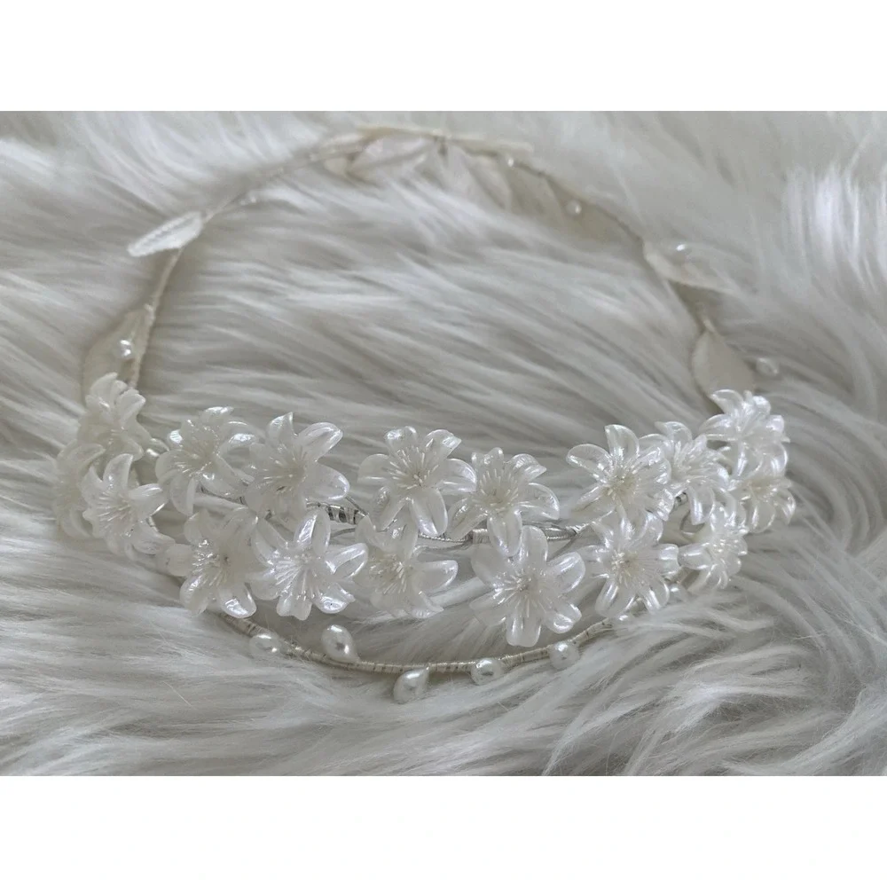 Vintage‎ Floral Beaded Pearl Embellished Wedding Crown Headband Pearlescent EUC